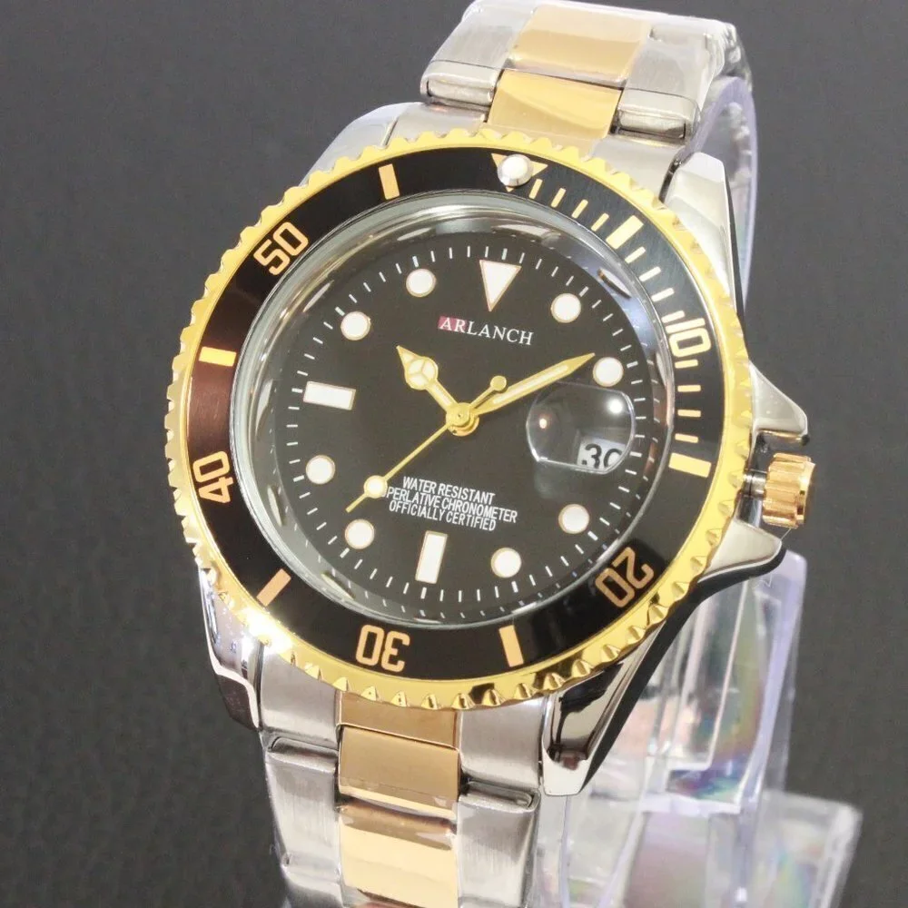 Men's Diver Style Watch Black Bezel Silver Gold Tone 40mm - Picture 7 of 14